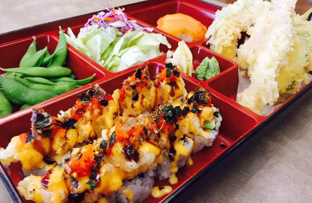 Bento Box with sushi, teriyaki, tempura, rice and miso soup at Sushi Kuni St. Boniface Winnipeg