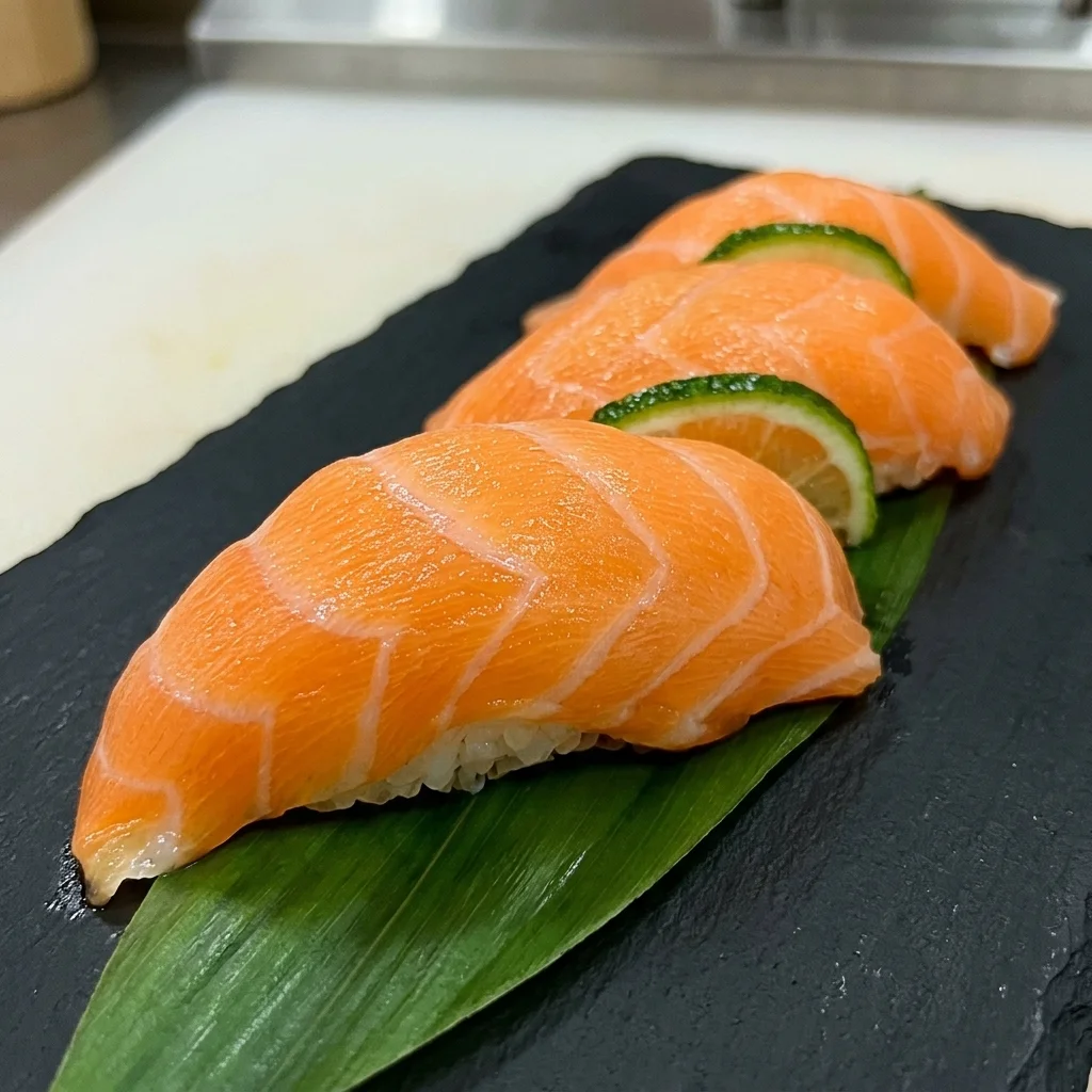 Fresh salmon nigiri hand-pressed sushi at Sushi Kuni 131 Provencher Blvd St. Boniface Winnipeg