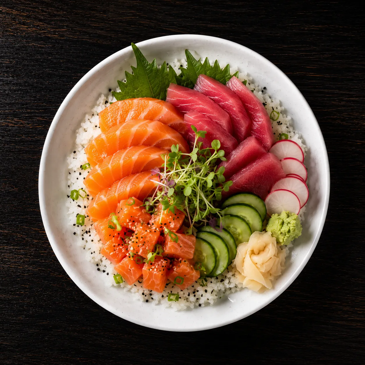 Sushi Pizza with deep-fried rice base, salmon, tuna and avocado at Sushi Kuni Winnipeg Provencher Blvd